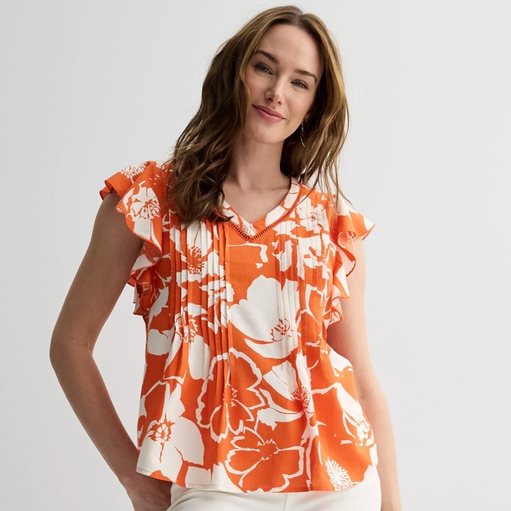 Sonoma Orange & White Tropical Floral Pintuck Flutter Sleeve Boho Blouse | 3X